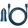 Ładowarka samochodowa Baseus Golden Contactor Pro, USB + USB-C, QC4.0+, PD, SCP, 40W (niebieska) + kabel USB-C do Lightning 1m (