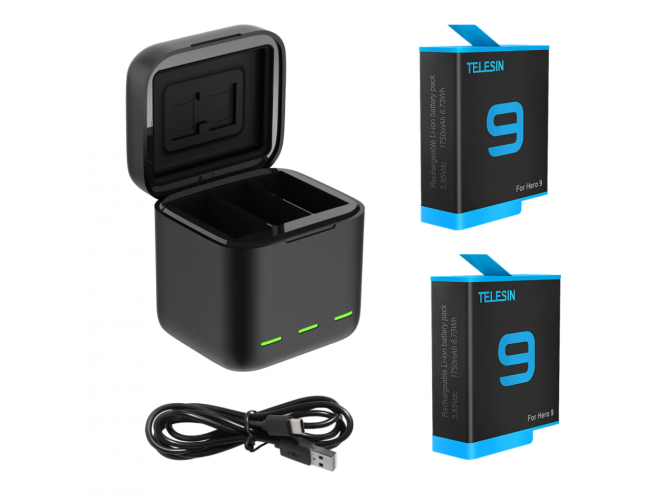 Ładowarka trójkanałowa box Telesin dla GoPro Hero 9 / Hero 10 + 2 baterie (GP-BNC-901)