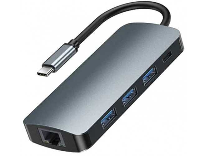 Hub USB-C 9w1 Remax Retor Series RU-U91, 3x USB 3.0, USB-C, RJ45, HDMI, 3.5 mm, SD/TF (szary)